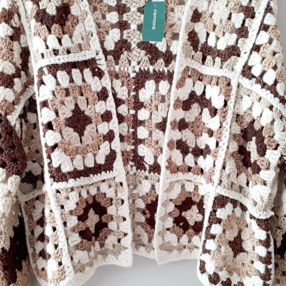 NWT Misskoo brown, cream, gold metallic fibre shimmer accent crochet cardigan - Picture 9 of 12